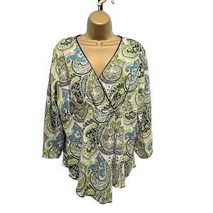 Babydoll Faux Wrap Top Womens XL Green Brown Paisley Forest Fairy Office Career